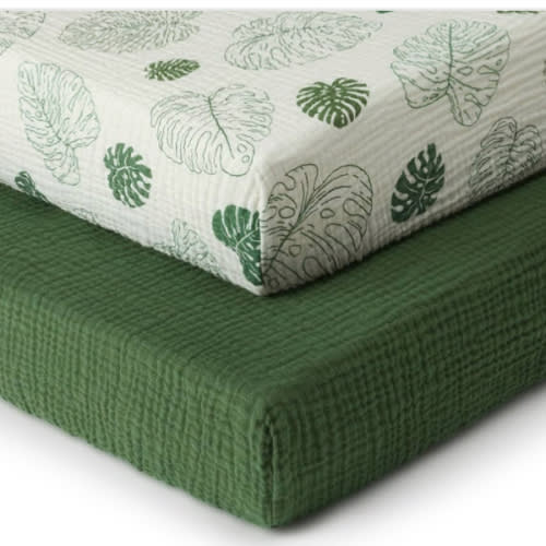 Blissful Diary Muslin Crib Sheets for Girl Boy, Boho Neutral Soft Cotton Baby Sheet for 52''x28'' Standard Crib Mattress, 2 Pack(Monstera&Dark Green)