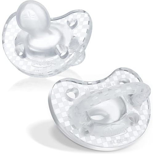 Chicco PhysioForma Luxe Orthodontic Pacifier for Babies 16-24 Months, One-Piece 100% Soft Silicone, Supports Breathing, Textured Shield & Handle, Included Sterilizing Case, BPA Free, 2-Pack, Crystal