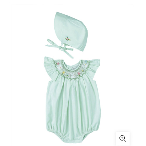 Green Smocked Bunny Angel Sleeve Bubble & Bonnet – Smocked Bebe