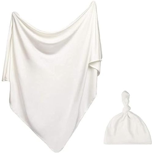 iEvolve Cotton Knitted Baby Swaddle Blanket with Hat Headband Set Newborn Swaddle Wrap Receiving Blankets for Baby Girl Boy 45" x 45"(White)