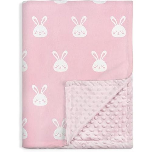 Rabbit Minky Baby Blanket 30 x 40 Inches for Girls, Soft Plush Receiving Blanket with Dotted Back, Gift for Toddler Newborn Infant Christmas Birthday Baby Shower
