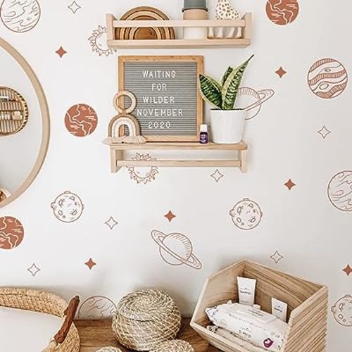 Boy Wall Decals, Boho Sketch Planet & Space Wall Stickers for Baby Boy's Room, Gender Neutral Kids Playroom & Nursery Wall Art