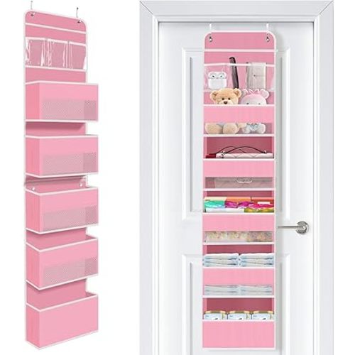 SpaceWhisper Over the Door Organizer, 6 Large Pocket Hanging Storage Organizer with 40lb Capacity, Space Saving for Nursery, Bathroom, Bedroom, Closet - Baby Essentials & Toiletry Organizer (Pink)