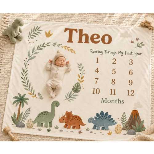 Personalized Dinosaur Milestone Blanket, Custom Baby Milestone Blanket, Dinosaur Baby Blanket, Monthly Milestone Photo Blanket, Dino Nursery