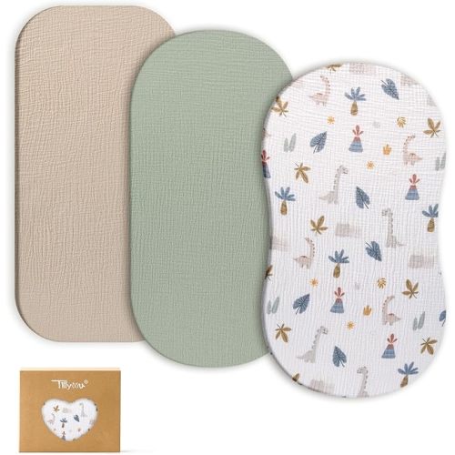 TILLYOU Muslin Bassinet Sheets for Baby Boys Girls 3 Pack, Soft Breathable Elastic Cotton Bassinet Mattress Sheets, Fit Hourglass Oval Rectangle Cradle Mattress, 33"X17",Dinosaur
