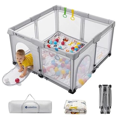 Foldable Baby Playpen with Mat, Foldable Playpen for Babies and Toddlers,Kids Portable Travel Play Pen, Collapsible Play Yard with 4 Handles,Indoor & Outdoor Baby Play Area with Breathable Mesh