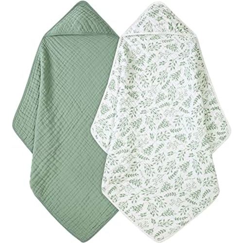 FIEMOL Baby Bath Towels, 100% Muslin Cotton Hooded Baby Towels for Newborn, 2 Pack Baby Towels with Hood for Infant Toddler and Kids, Large 32x32Inch, Soft and Absorbent