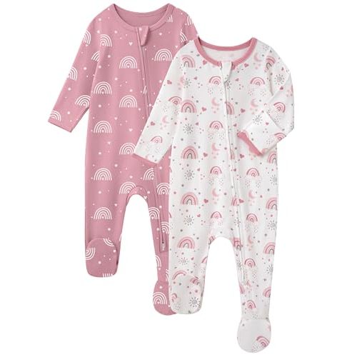Baby Girl Sleepers 100% Cotton Footie Pajamas Newborn 0-3 3-6 6-9 Months with 2-Way Zipper, 2pcs PJs Baby Girl Clothes