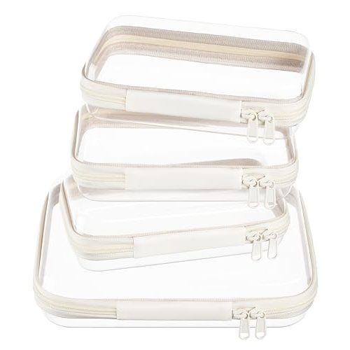 4 pcs Clear Zipper Pouches,Hard Shell Zipper Case, Toiletry Bag for Travel, CLear Diaper Bag, Toiletry Pouch, Travel Organizer, Cosmetic Bag,Toy Storage Bins (M+3S)(Ivory)