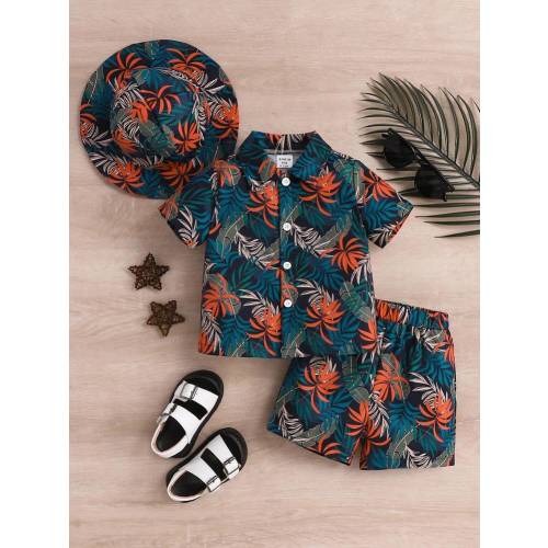 3pcs/Set Toddler Boys' Tropical Plant Print Short Sleeve Shirt, Shorts & Hat Set, Cute Casual Summer Outfit | SHEIN USA