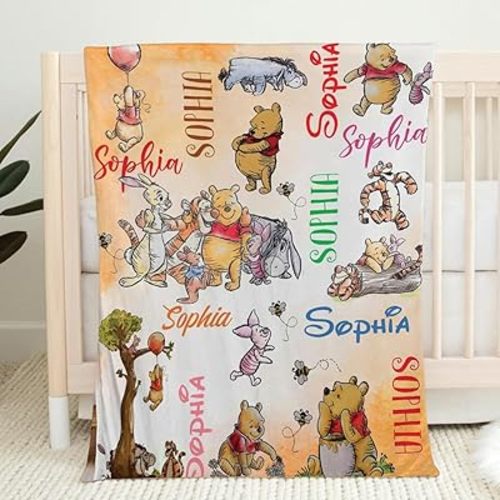 Personalized Pooh Bear Blanket, Custom Baby Blanket with Name, Soft and Warm Custom Name Throw, Birthday Gift for Kids, Baby Nursery Theme #11