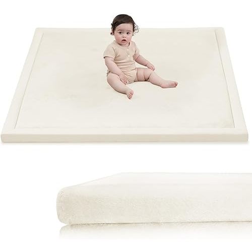 Huloo Sleep Ultra Soft Baby Play Mat for Floor, 1.3" Thick Elasti-Foam 59x59 Play Mat for Playpen,Water-Repellent Coral Velvet for Tummy Time, Non-Slip Backing,Safe for Toddlers & Infants（Cream）