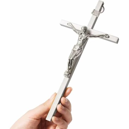 VINETEN Crucifix Wall Cross | Silver Metal Slender Catholic Crosses | Cross Wall Décor for Your Home - 8 Inch