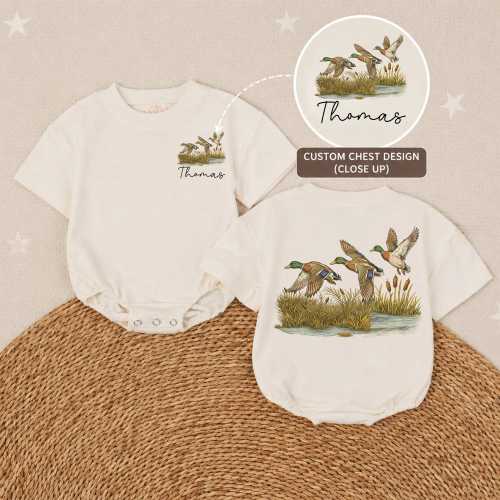 Mallard Ducks Baby Bubble Romper, Personalized Name Neutral Waterfowl Outfit