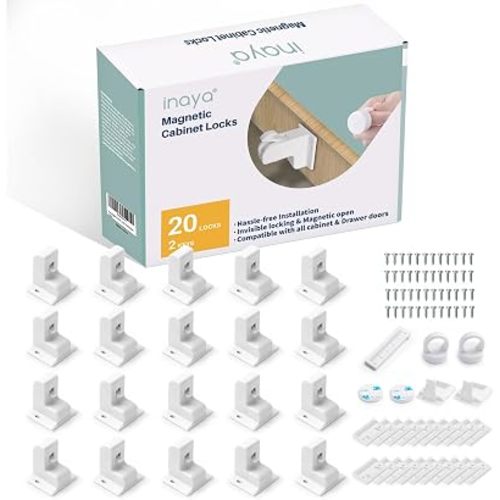 Inaya Magnetic Cabinet Locks Baby Proofing (20 Locks & 2 Keys), Child Safety Magnet Locks for Cabinets & Drawers with Invisible Design, 3M Adhesive for Easy Installation - No Drill & Tool Needed