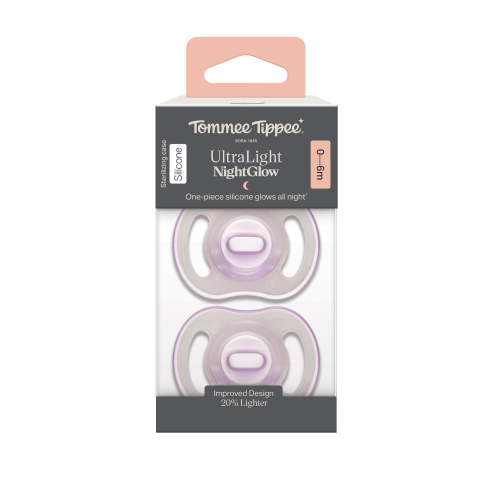 Tommee Tippee Ultra-light StayPut NightGlow Pacifier, 0-6 Months, 2 Pack, Soft Skin Feel, Extra Air Flow