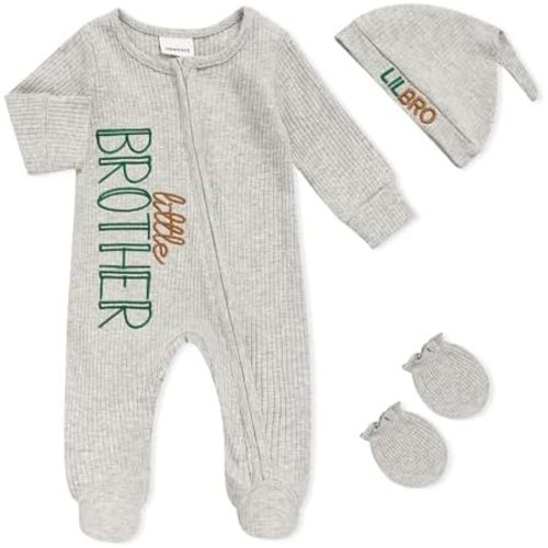 Newborn Baby Boy Outfits Zippered Romper Letter Embroidered Coming Home Jumpsuit with Hat Mittens