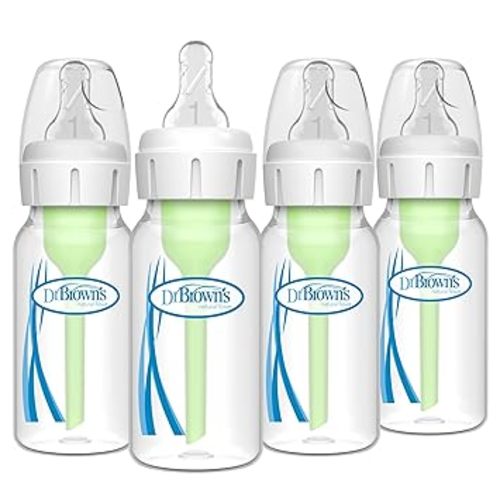 Dr. Brown's Natural Flow Anti-Colic Options+ Narrow Baby Bottle, 4 oz/120 mL, with Level 1 Slow Flow Nipple, 0m+, 4 Pack