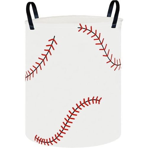 CLOCOR Round Collapsible Flat Storage Basket,Space-Saving Fabric Laundry Hamper, Storage Bag, Nursery Hamper,Gift Basket(Line Baseball)