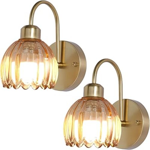 Vintage Battery Operated Wall Sconces Set of Two, Tulip Glass Lampshade Cordless Rechargeable Wall Lights,Gold Wall Lamp with Remote Control for Bedroom Bedside Doorway