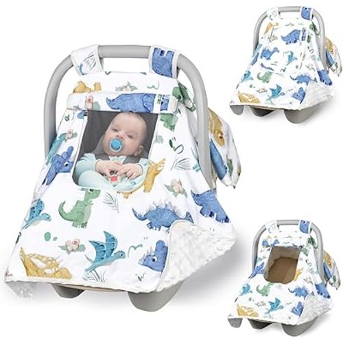Baby Carseat Seat Cover Boys, Girls Winter Carseat Canopy, Cozy & Warm Cover with Zipper Peep Windows, Infant Minky Carrier Cover, Soft Breathable, Baby Must Have, White Dinosaur