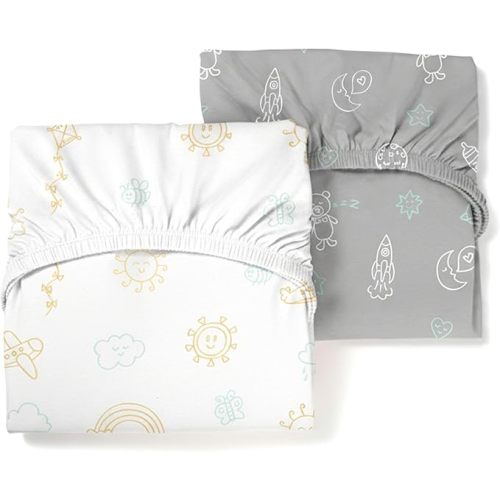 Guava Lotus Travel Crib Sheets (Set of 2) – 100% Organic Cotton Fitted Sheets for Baby Play Yard & Mini Crib Mattress – Super Soft Jersey Knit – Snug Fit & Washable (Day & Night)