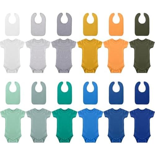 Hillban 24 Pcs Unisex Cotton Short Sleeve Bodysuits Baby Bibs Set for Baby Shower