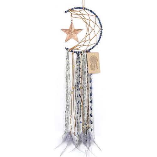 Dremisland Blue Dream Catcher Handmade Half Circle Moon Design Dream Catcher Feather Hanging with Star Home Decoration Ornament Festival Gift (Moon& Star)