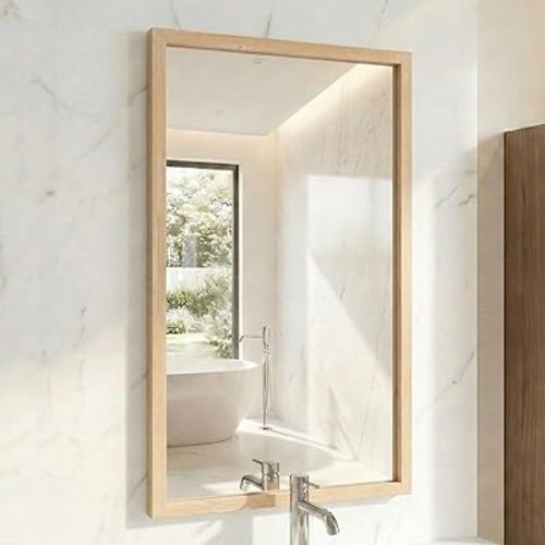 24"x36" Natural Wood Tone Wall Mirror for Over Sink, Lightweight Boho Bathroom Vanity Mirror, Scandi Faux Wood Texture Decor Mirror for Entryway, Vertical/Horizontal