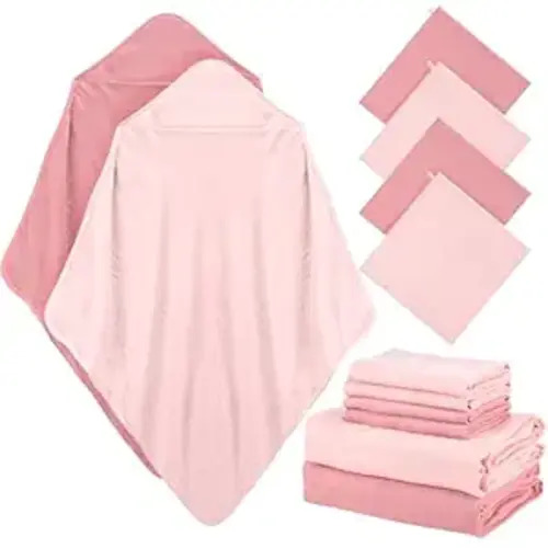 Preboun 6 Pcs Muslin Hooded Baby Towels and Washcloths 32"x 32" Cotton Newborn Bath Towel Anti-Shrink Infant Baby Blankets with Hood 12"x 12" Washcloths for Girl Boy Toddler(Pink,Dark Pink)