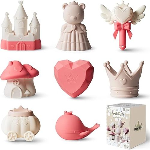 Princess Silicone Bath Toys 8Pcs for Toddlers Kids Babies,Bathtub Water Toys,Soft Squeezable Easy-Grip Pool Toys Set (Peach Pink)