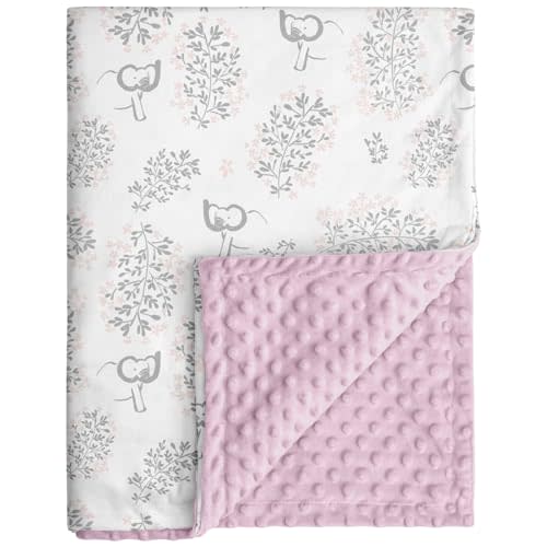 Baby Blankets for Girls Soft Plush Nursery Minky Blanket Neutral with Print Pink Forest Elephant and Cozy Raised Dotted Fleece Backing, 30 x 40 Inch Double Layer Bed Throws