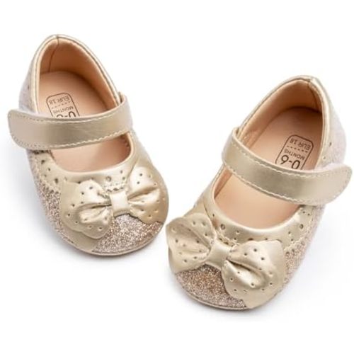 Sawimlgy Baby Girls Mary Jane Sequins Crown Flats PU Leather Wedding Party Princess Ballet Shoe Infant Rubber Sole Prewalker Toddler First Crib Shoes