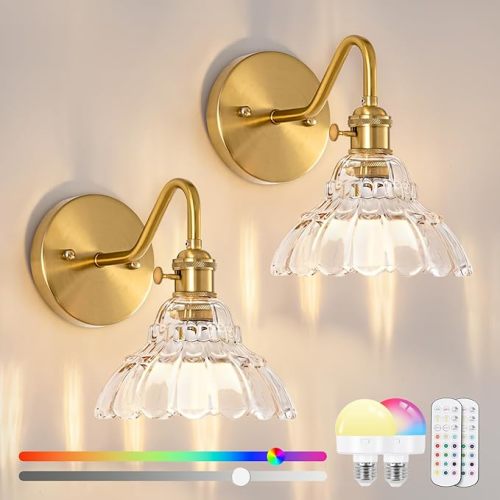 Vintage Battery Operated Wall Sconces Set Of Two, Indoor not Hardwired Brass Transparent Glass Lampshade Fixtures, Rechargeable Wireless RGB Wall Lights with Dimmable Remote, for Bedroom Living Room