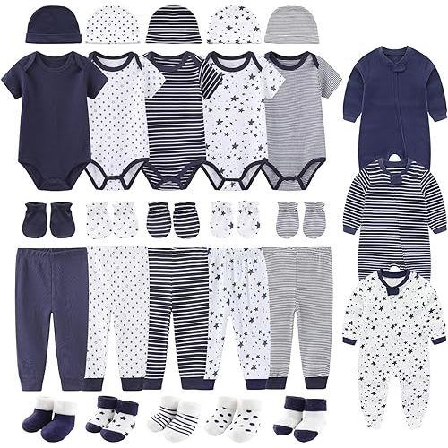 28 Pack Unisex Baby Layette Set Boy Girl Pants+Rompers+Short Sleeve Bodysuits+Hats+Gloves+Socks New Born Outfit