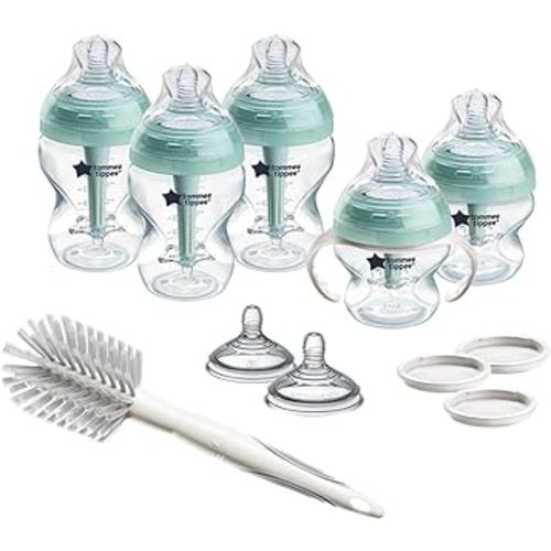 Tommee Tippee Advanced Anti-Colic 12 Piece Set, 5 oz and 9 oz BPA Free Bottles, Newborn 0+ Months, Includes Slow & Medium-Flow Breast-Like Nipples and Bottle Handles and Cleaning Brush