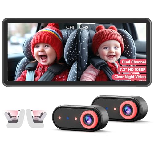 LUCKVIEW BM5PRO 7.2" Dual Camera Baby Monitor, 1080P HD Display for 2 Kids, Night Vision, Easy Install Car Baby Monitor, Ideal Gift, Rear Seat Safety for Babies & Pets