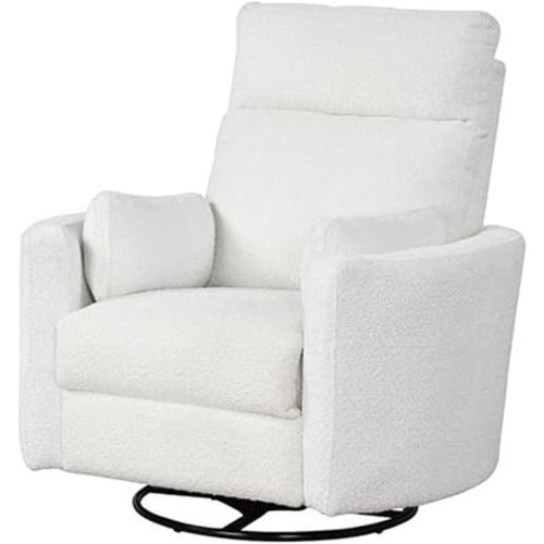 Pemberly Row Modern Chenille Fabric Swivel Recliner, Upholstered Seating Chair with Swivel Reclining Operation for Interior Seating Placement, Chenille Fabric in Oyster White Finish