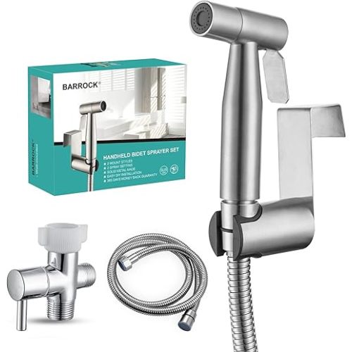 BARROCK Handheld Bidet Sprayer for Toilet, Stainless Steel Metal Made Baby Cloth Diaper Spraying Kit, Bathroom Toilet Bidet Attachment Set for Bathing Pets and Feminine Hygiene, Brushed Nickel