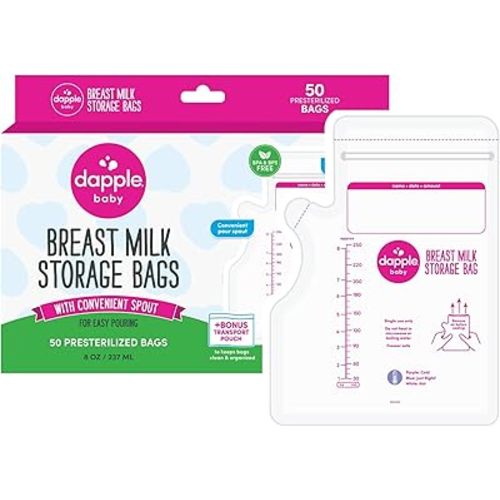 Dapple Breast Milk Storage Bags with East Pour Spout, Leakproof Double Zipper, BPA-Free, Pre-Sterilized, Temperature Sensor, Freezer-Safe, Pump Directly Into Bag, 8oz, 50ct