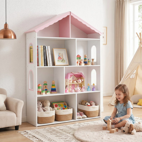 Trinx Wooden Dollhouse Bookshelf 4-Tier Storage for Kids, White & Pink with Roof Design | Wayfair