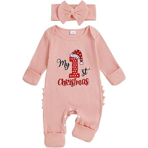 Adobabirl My First Christmas Baby Girl Outfit Newborn Onesie Embroidery Long Sleeve Romper Headband Fall Winter Clothes