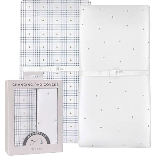 Ely's & Co. Waterproof Changing Pad Covers 2 Pack Baby Boy 100% Cotton 34 x 17 Blue Floral Plaid Soft Jersey Knit with Waterproof Lining Fits Changing Pad Cradle Bassinet and Co Sleeper Mattress