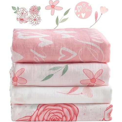 Bamboo Muslin Swaddle Blanket, 4 Pack, 47x47 Inch Large Baby Swaddle, Lightweight & Breathable, Soft for Newborn, Multi-Use Receiving Blanket, Sweet Floral Dreams
