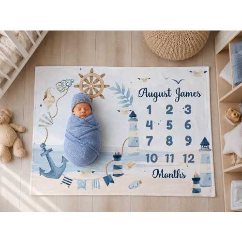 Nautical Baby Milestone Blanket Boy | Personalized Milestone Blanket, Month Custom Age Growth, New Mom Baby Shower, Ocean Baby Shower Gift