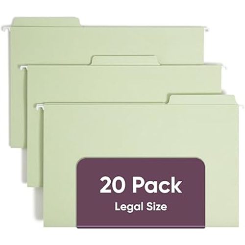 Smead FasTab Hanging File Folder, 1/3-Cut Built-in Tab, Legal Size, Moss, 20 Count (64083)