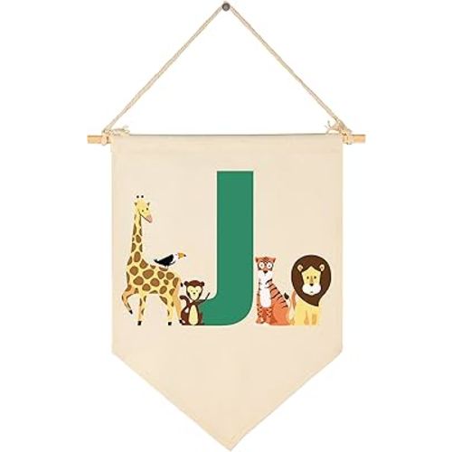 Personalised Woodland Animal Flag Decor Gifts for Baby Boy Girl Newborn Kids-Jungle Safari Pennant Banner Wall Sign Gifts for Nursery Baby Room Bedroom Playroom Front Door-Monogrammed Initial Letter J