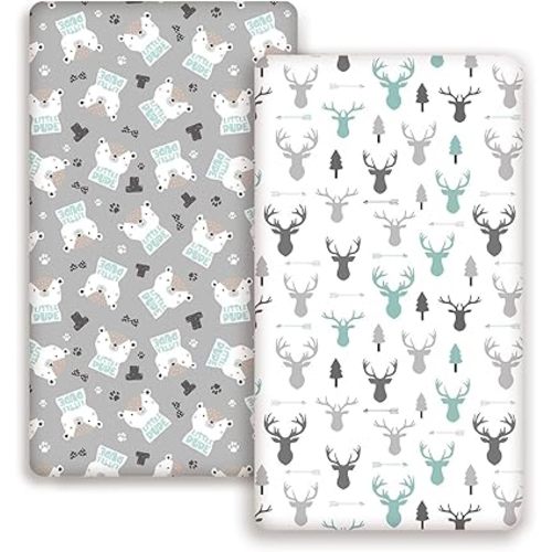 GRSSDER Stretchy Ultra Soft Jersey Knit Fitted Crib Sheets Set 2 Pack, Cozy Crib Sheet Fits All Standard Crib Mattress Pads, Grey Bear for Girls and Boys