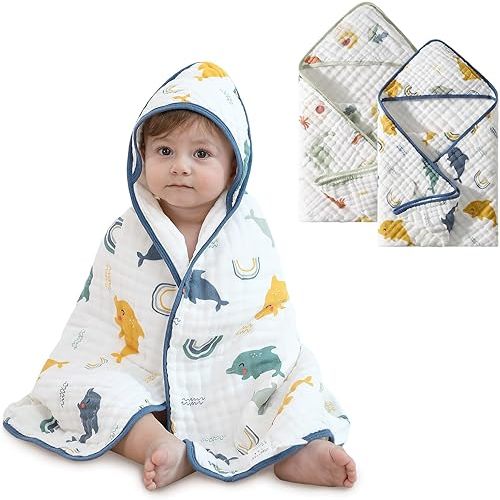 Muslin Hooded Baby Towels 2 Pack, Ultra Soft & Absorbent Baby Bath Towels, Bath & Beach Essentials, Shower Gifts for Newborns, Babies, Infant, Toddler - 32x32 Inch (Dolphin & Dinosaur)