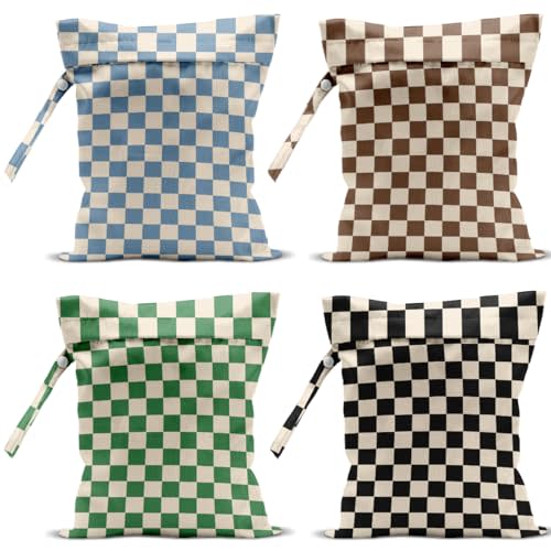 4 Pack Cute Wet Bag Waterproof Washable Reusable Wet Dry Bag for Swimsuit Dirty Clothes Diaper Travel Pool Sport Gym Christmas Birthday Party Camping Toiletries Beach Essentials, Colorful Checkered